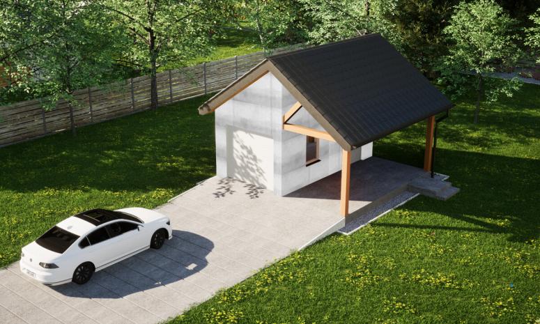 Garaż ERDOL G1W - Wersja prawa - Układ kalenicy prostopadły z dachem dwuspadowym o kącie nachylenia 35 stopni - Brama segmentowa z napędem IO, sterowana pilotem - UniPro WIŚNIOWSKI - Bez styropianu, siatki i kleju - Biały