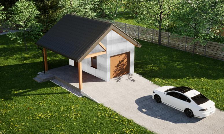 Garaż ERDOL G1W - Wersja lewa - Układ kalenicy prostopadły z dachem dwuspadowym o kącie nachylenia 35 stopni - Brama segmentowa z napędem IO, sterowana pilotem - UniPro WIŚNIOWSKI - Bez styropianu, siatki i kleju - Złoty dąb