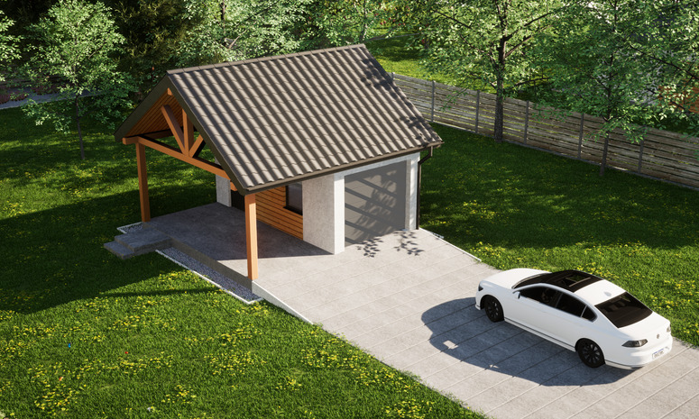 Garaż ERDOL G1W - Wersja lewa - Układ kalenicy równoległy z dachem dwuspadowym o kącie nachylenia 35 stopni - Bez bramy - Styropian, siatka i klej - Antracyt