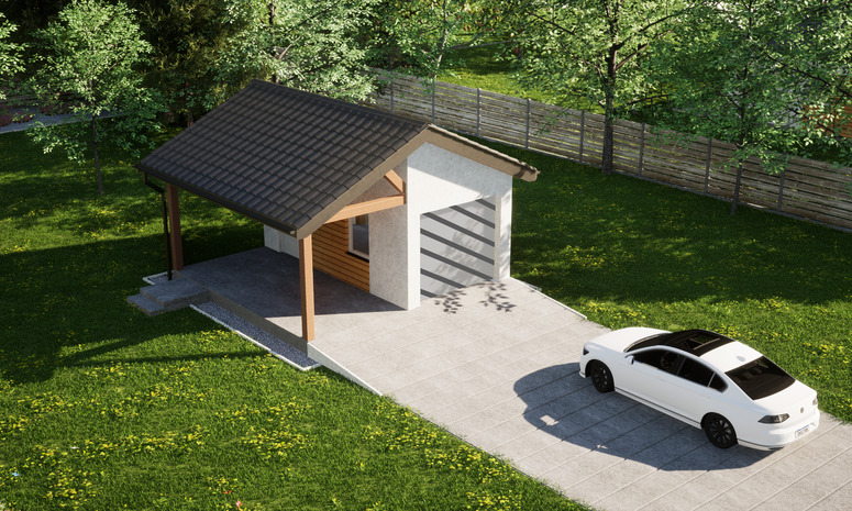 Garaż ERDOL G1W - Wersja lewa - Układ kalenicy prostopadły z dachem dwuspadowym o kącie nachylenia 25 stopni - Bez bramy - Styropian, siatka i klej - Biały