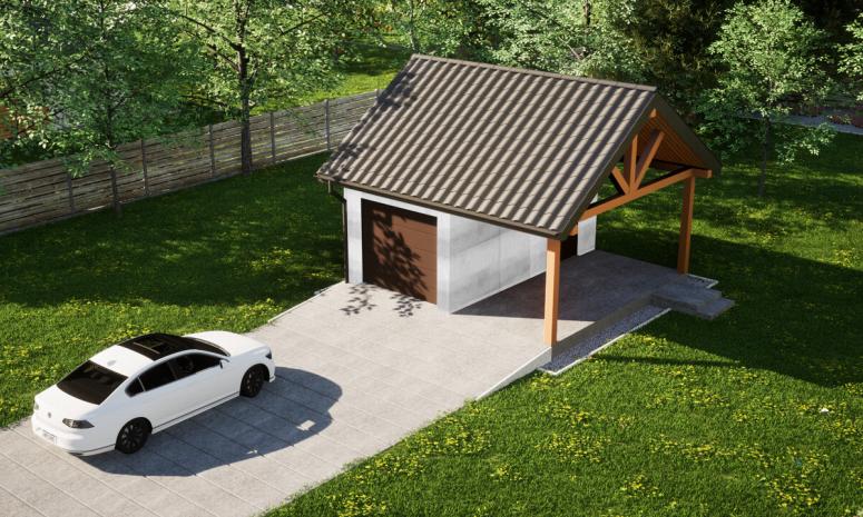 Garaż ERDOL G1W - Wersja prawa - Układ kalenicy równoległy z dachem dwuspadowym o kącie nachylenia 35 stopni - Brama segmentowa z napędem IO, sterowana pilotem - UniPro WIŚNIOWSKI - Bez styropianu, siatki i kleju - Orzech