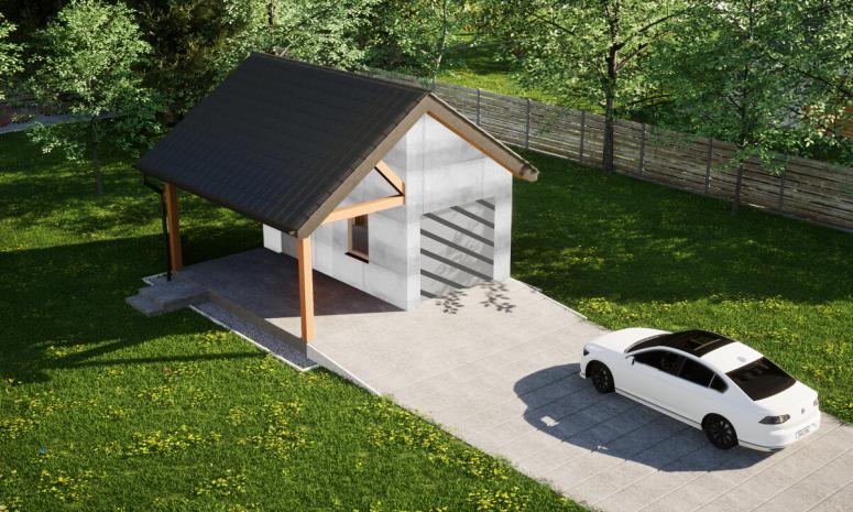 Garaż ERDOL G1W - Wersja lewa - Układ kalenicy prostopadły z dachem dwuspadowym o kącie nachylenia 35 stopni - Bez bramy - Bez styropianu, siatki i kleju - Biały