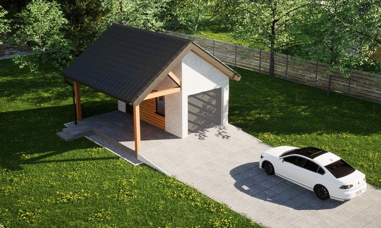 Garaż ERDOL G1W - Wersja lewa - Układ kalenicy prostopadły z dachem dwuspadowym o kącie nachylenia 35 stopni - Bez bramy - Styropian, siatka i klej - Antracyt