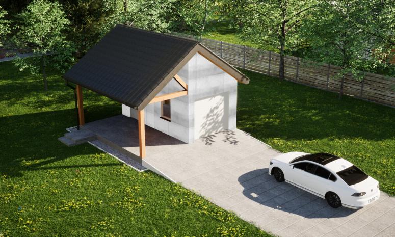 Garaż ERDOL G1W - Wersja lewa - Układ kalenicy prostopadły z dachem dwuspadowym o kącie nachylenia 35 stopni - Brama segmentowa z napędem IO, sterowana pilotem - UniPro WIŚNIOWSKI - Bez styropianu, siatki i kleju - Biały