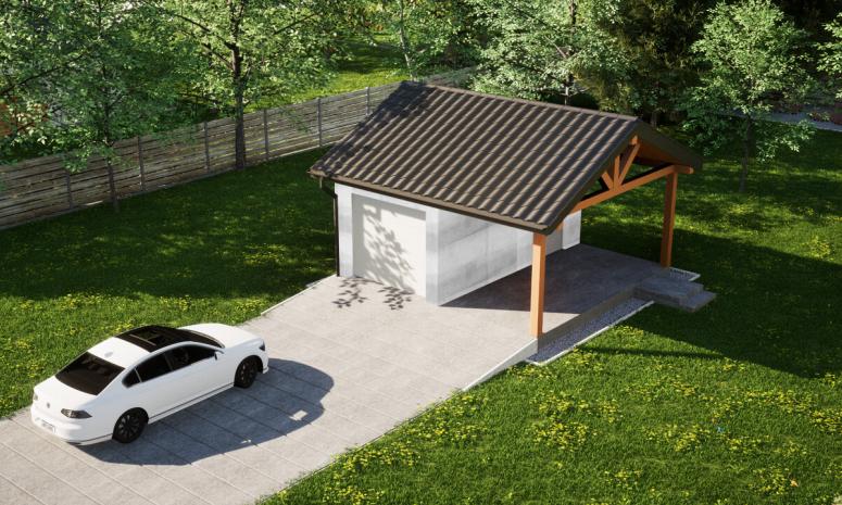 Garaż ERDOL G1W - Wersja prawa - Układ kalenicy równoległy z dachem dwuspadowym o kącie nachylenia 25 stopni - Brama segmentowa z napędem IO, sterowana pilotem - UniPro WIŚNIOWSKI - Bez styropianu, siatki i kleju - Biały