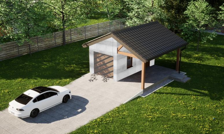 Garaż ERDOL G1W - Wersja prawa - Układ kalenicy prostopadły z dachem dwuspadowym o kącie nachylenia 25 stopni - Bez bramy - Bez styropianu, siatki i kleju - Złoty dąb