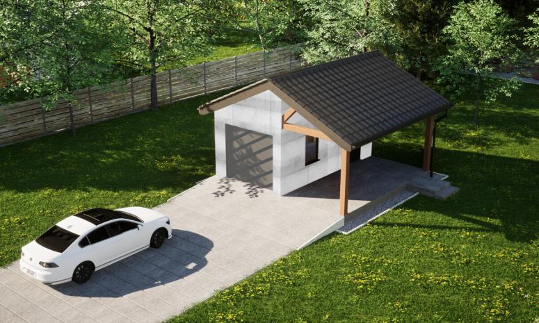 Garaż ERDOL G1W - Wersja prawa - Układ kalenicy prostopadły z dachem dwuspadowym o kącie nachylenia 25 stopni - Bez bramy - Bez styropianu, siatki i kleju - Antracyt