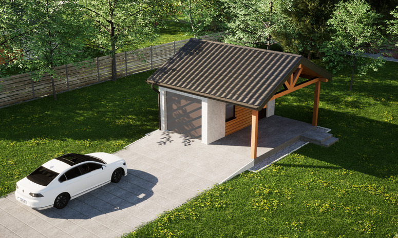Garaż ERDOL G1W - Wersja prawa - Układ kalenicy równoległy z dachem dwuspadowym o kącie nachylenia 25 stopni - Bez bramy - Styropian, siatka i klej - Orzech