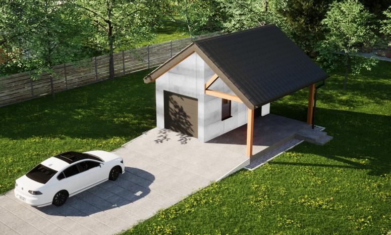 Garaż ERDOL G1W - Wersja prawa - Układ kalenicy prostopadły z dachem dwuspadowym o kącie nachylenia 35 stopni - Brama segmentowa z napędem IO, sterowana pilotem - UniPro WIŚNIOWSKI - Bez styropianu, siatki i kleju - Antracyt