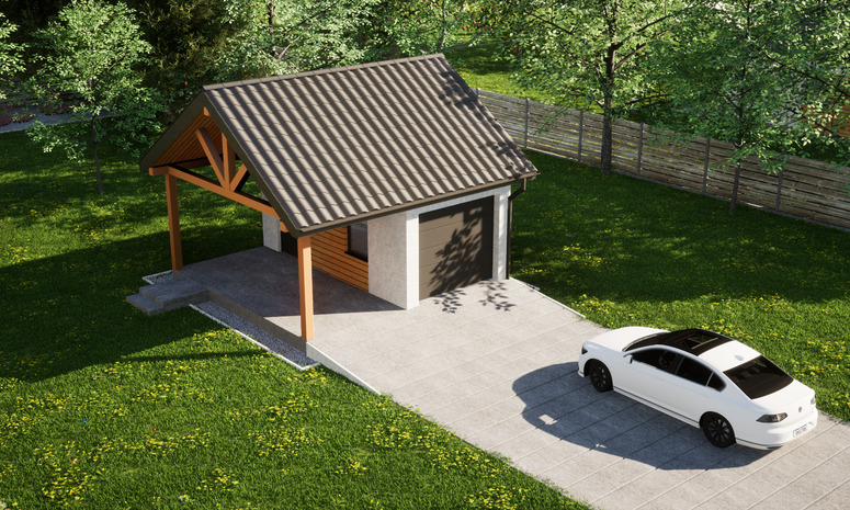 Garaż ERDOL G1W - Wersja lewa - Układ kalenicy równoległy z dachem dwuspadowym o kącie nachylenia 35 stopni - Brama segmentowa z napędem IO, sterowana pilotem - UniPro WIŚNIOWSKI - Styropian, siatka i klej - Antracyt