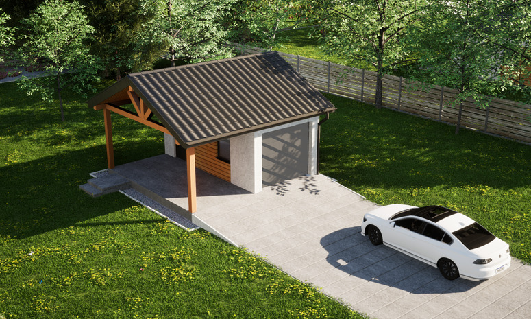 Garaż ERDOL G1W - Wersja lewa - Układ kalenicy równoległy z dachem dwuspadowym o kącie nachylenia 25 stopni - Bez bramy - Styropian, siatka i klej - Antracyt