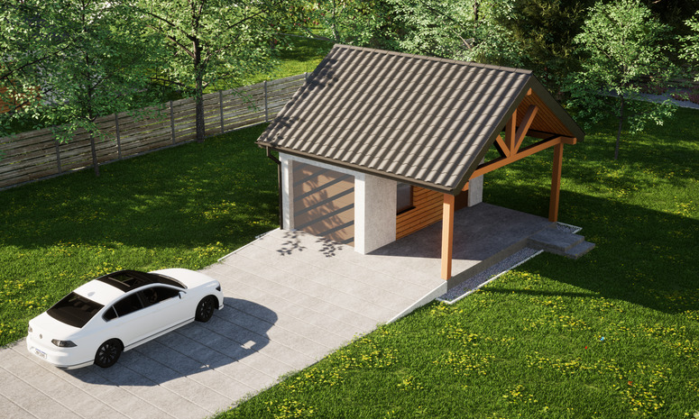 Garaż ERDOL G1W - Wersja prawa - Układ kalenicy równoległy z dachem dwuspadowym o kącie nachylenia 35 stopni - Bez bramy - Styropian, siatka i klej - Złoty dąb