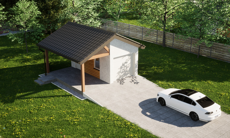 Garaż ERDOL G1W - Wersja lewa - Układ kalenicy prostopadły z dachem dwuspadowym o kącie nachylenia 25 stopni - Brama segmentowa z napędem IO, sterowana pilotem - UniPro WIŚNIOWSKI - Styropian, siatka i klej - Biały