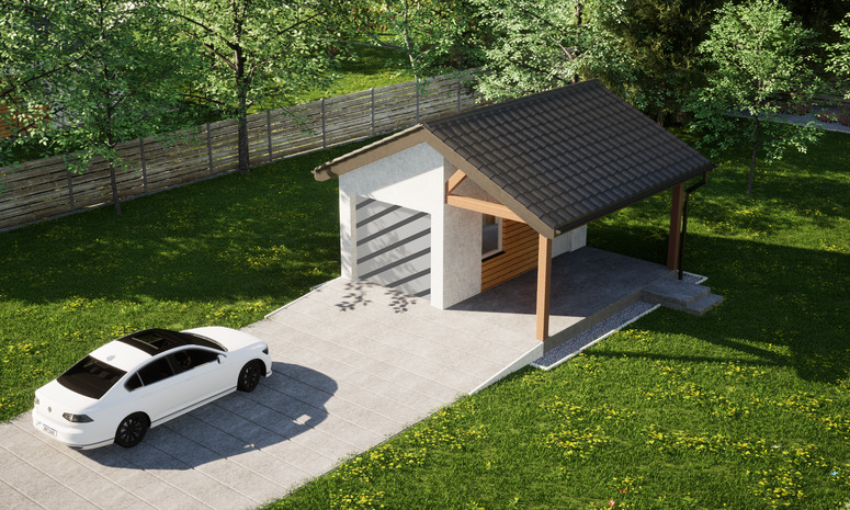 Garaż ERDOL G1W - Wersja prawa - Układ kalenicy prostopadły z dachem dwuspadowym o kącie nachylenia 25 stopni - Bez bramy - Styropian, siatka i klej - Biały