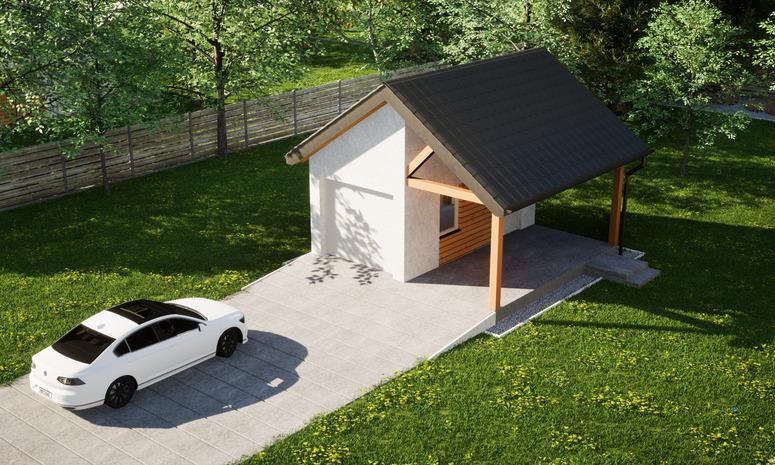 Garaż ERDOL G1W - Wersja prawa - Układ kalenicy prostopadły z dachem dwuspadowym o kącie nachylenia 35 stopni - Brama segmentowa z napędem IO, sterowana pilotem - UniPro WIŚNIOWSKI - Styropian, siatka i klej - Biały