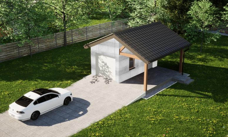 Garaż ERDOL G1W - Wersja prawa - Układ kalenicy prostopadły z dachem dwuspadowym o kącie nachylenia 25 stopni - Brama segmentowa z napędem IO, sterowana pilotem - UniPro WIŚNIOWSKI - Bez styropianu, siatki i kleju - Biały