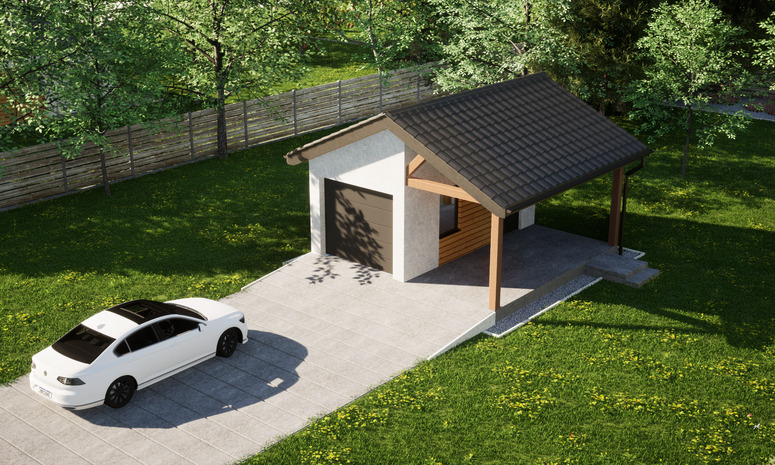 Garaż ERDOL G1W - Wersja prawa - Układ kalenicy prostopadły z dachem dwuspadowym o kącie nachylenia 25 stopni - Brama segmentowa z napędem IO, sterowana pilotem - UniPro WIŚNIOWSKI - Styropian, siatka i klej - Antracyt