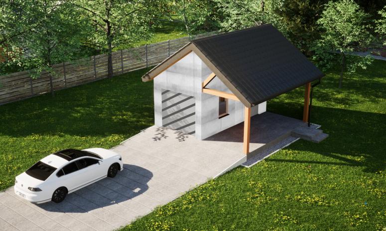 Garaż ERDOL G1W - Wersja prawa - Układ kalenicy prostopadły z dachem dwuspadowym o kącie nachylenia 35 stopni - Bez bramy - Bez styropianu, siatki i kleju - Biały