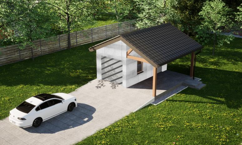 Garaż ERDOL G1W - Wersja prawa - Układ kalenicy prostopadły z dachem dwuspadowym o kącie nachylenia 25 stopni - Bez bramy - Bez styropianu, siatki i kleju - Biały