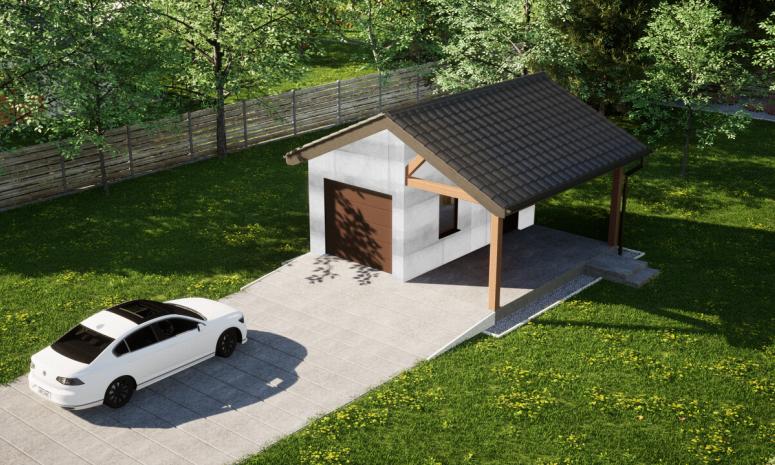 Garaż ERDOL G1W - Wersja prawa - Układ kalenicy prostopadły z dachem dwuspadowym o kącie nachylenia 25 stopni - Brama segmentowa z napędem IO, sterowana pilotem - UniPro WIŚNIOWSKI - Bez styropianu, siatki i kleju - Orzech