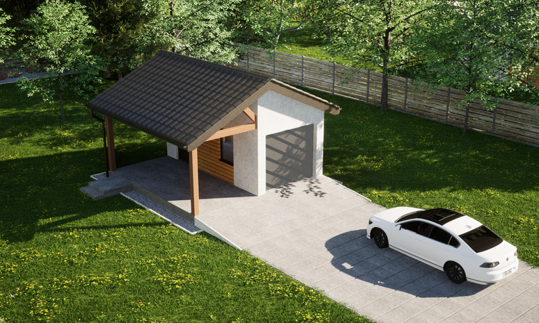 Garaż ERDOL G1W - Wersja lewa - Układ kalenicy prostopadły z dachem dwuspadowym o kącie nachylenia 25 stopni - Bez bramy - Styropian, siatka i klej - Antracyt
