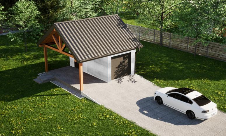 Garaż ERDOL G1W - Wersja lewa - Układ kalenicy równoległy z dachem dwuspadowym o kącie nachylenia 35 stopni - Brama segmentowa z napędem IO, sterowana pilotem - UniPro WIŚNIOWSKI - Bez styropianu, siatki i kleju - Antracyt