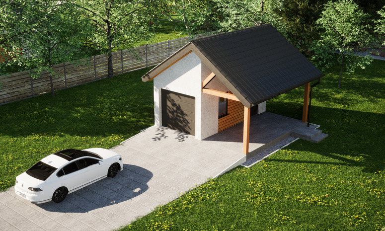 Garaż ERDOL G1W - Wersja prawa - Układ kalenicy prostopadły z dachem dwuspadowym o kącie nachylenia 35 stopni - Brama segmentowa z napędem IO, sterowana pilotem - UniPro WIŚNIOWSKI - Styropian, siatka i klej - Antracyt