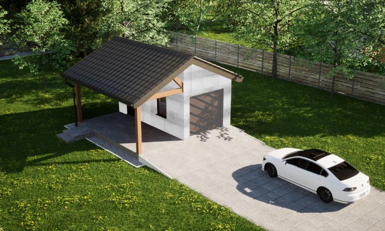 Garaż ERDOL G1W - Wersja lewa - Układ kalenicy prostopadły z dachem dwuspadowym o kącie nachylenia 25 stopni - Bez bramy - Bez styropianu, siatki i kleju - Orzech