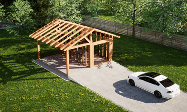 Widok konstrukcji: Garaż ERDOL G1W - Wersja lewa - Układ kalenicy prostopadły z dachem dwuspadowym o kącie nachylenia 25 stopni