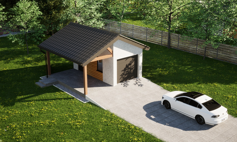 Garaż ERDOL G1W - Wersja lewa - Układ kalenicy prostopadły z dachem dwuspadowym o kącie nachylenia 25 stopni - Brama segmentowa z napędem IO, sterowana pilotem - UniPro WIŚNIOWSKI - Styropian, siatka i klej - Antracyt