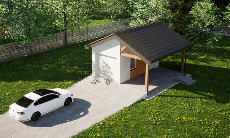 Garaż ERDOL G1W - Wersja prawa - Układ kalenicy prostopadły z dachem dwuspadowym o kącie nachylenia 25 stopni - Brama segmentowa z napędem IO, sterowana pilotem - UniPro WIŚNIOWSKI - Styropian, siatka i klej - Biały