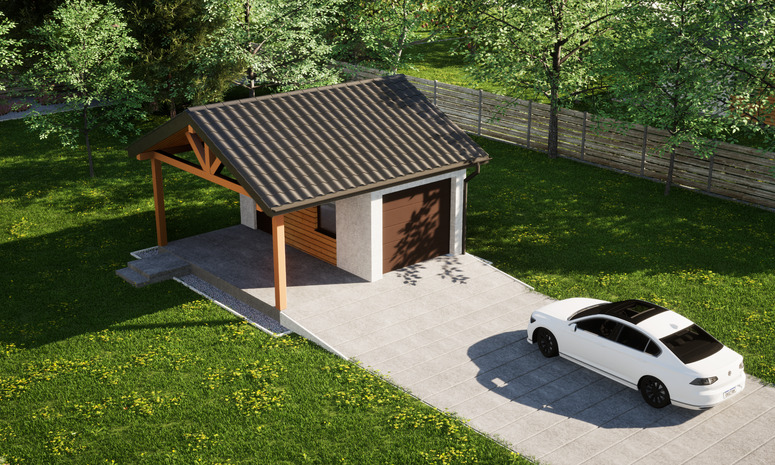 Garaż ERDOL G1W - Wersja lewa - Układ kalenicy równoległy z dachem dwuspadowym o kącie nachylenia 25 stopni - Brama segmentowa z napędem IO, sterowana pilotem - UniPro WIŚNIOWSKI - Styropian, siatka i klej - Orzech