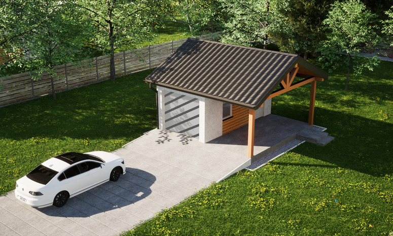Garaż ERDOL G1W - Wersja prawa - Układ kalenicy równoległy z dachem dwuspadowym o kącie nachylenia 25 stopni - Bez bramy - Styropian, siatka i klej - Biały