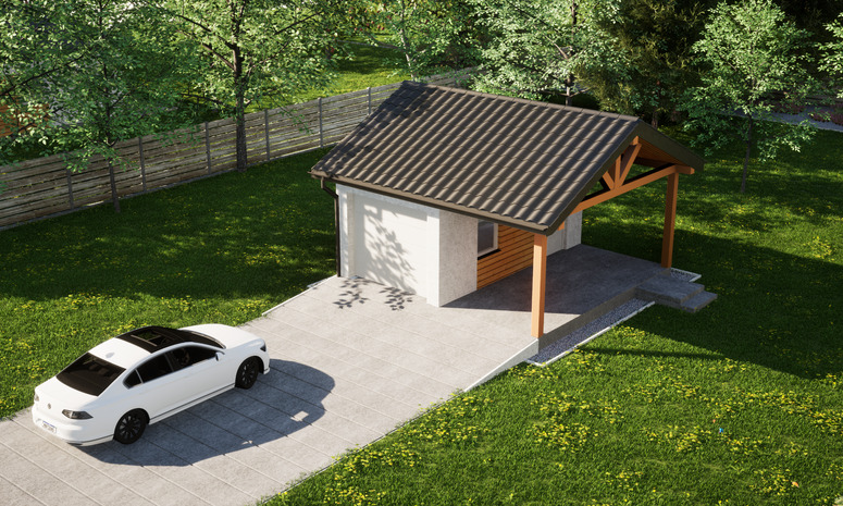 Garaż ERDOL G1W - Wersja prawa - Układ kalenicy równoległy z dachem dwuspadowym o kącie nachylenia 25 stopni - Brama segmentowa z napędem IO, sterowana pilotem - UniPro WIŚNIOWSKI - Styropian, siatka i klej - Biały