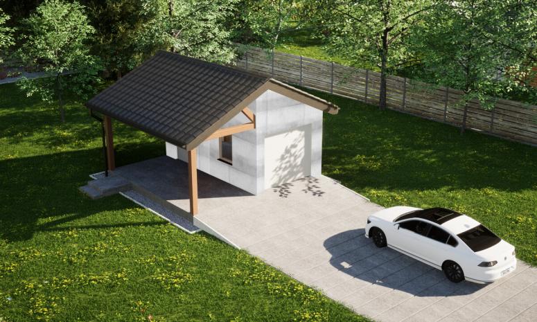 Garaż ERDOL G1W - Wersja lewa - Układ kalenicy prostopadły z dachem dwuspadowym o kącie nachylenia 25 stopni - Brama segmentowa z napędem IO, sterowana pilotem - UniPro WIŚNIOWSKI - Bez styropianu, siatki i kleju - Biały