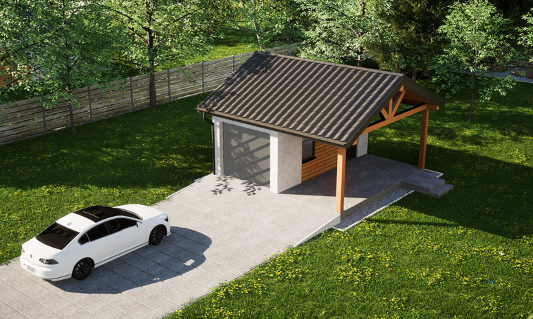 Garaż ERDOL G1W - Wersja prawa - Układ kalenicy równoległy z dachem dwuspadowym o kącie nachylenia 25 stopni - Bez bramy - Styropian, siatka i klej - Antracyt