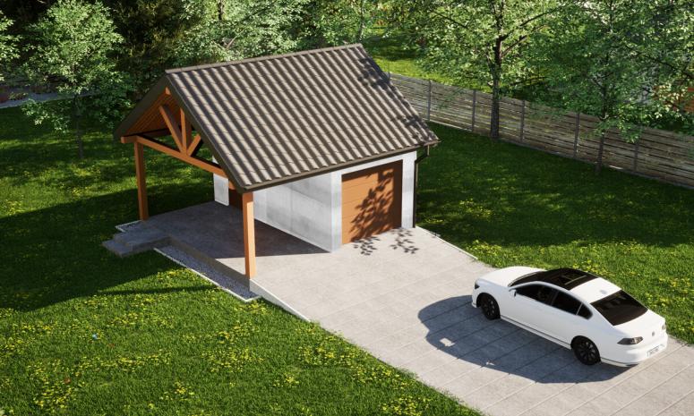 Garaż ERDOL G1W - Wersja lewa - Układ kalenicy równoległy z dachem dwuspadowym o kącie nachylenia 35 stopni - Brama segmentowa z napędem IO, sterowana pilotem - UniPro WIŚNIOWSKI - Bez styropianu, siatki i kleju - Złoty dąb