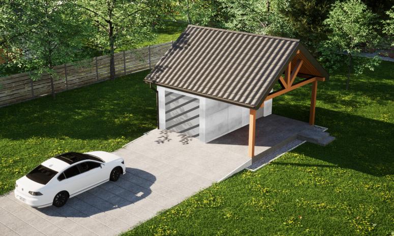 Garaż ERDOL G1W - Wersja prawa - Układ kalenicy równoległy z dachem dwuspadowym o kącie nachylenia 35 stopni - Bez bramy - Bez styropianu, siatki i kleju - Biały