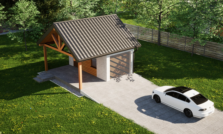 Garaż ERDOL G1W - Wersja lewa - Układ kalenicy równoległy z dachem dwuspadowym o kącie nachylenia 35 stopni - Bez bramy - Styropian, siatka i klej - Złoty dąb