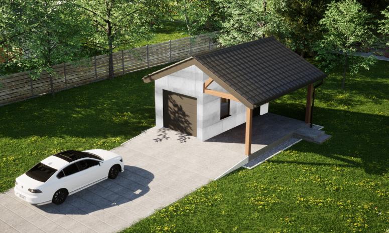 Garaż ERDOL G1W - Wersja prawa - Układ kalenicy prostopadły z dachem dwuspadowym o kącie nachylenia 25 stopni - Brama segmentowa z napędem IO, sterowana pilotem - UniPro WIŚNIOWSKI - Bez styropianu, siatki i kleju - Antracyt