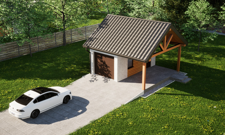 Garaż ERDOL G1W - Wersja prawa - Układ kalenicy równoległy z dachem dwuspadowym o kącie nachylenia 35 stopni - Brama segmentowa z napędem IO, sterowana pilotem - UniPro WIŚNIOWSKI - Styropian, siatka i klej - Orzech