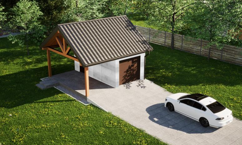 Garaż ERDOL G1W - Wersja lewa - Układ kalenicy równoległy z dachem dwuspadowym o kącie nachylenia 35 stopni - Brama segmentowa z napędem IO, sterowana pilotem - UniPro WIŚNIOWSKI - Bez styropianu, siatki i kleju - Orzech