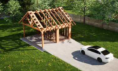 Widok konstrukcji: Garaż ERDOL G1W - Wersja lewa - Układ kalenicy równoległy z dachem dwuspadowym o kącie nachylenia 35 stopni