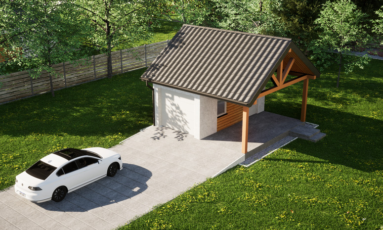 Garaż ERDOL G1W - Wersja prawa - Układ kalenicy równoległy z dachem dwuspadowym o kącie nachylenia 35 stopni - Brama segmentowa z napędem IO, sterowana pilotem - UniPro WIŚNIOWSKI - Styropian, siatka i klej - Biały
