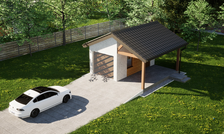 Garaż ERDOL G1W - Wersja prawa - Układ kalenicy prostopadły z dachem dwuspadowym o kącie nachylenia 25 stopni - Bez bramy - Styropian, siatka i klej - Złoty dąb