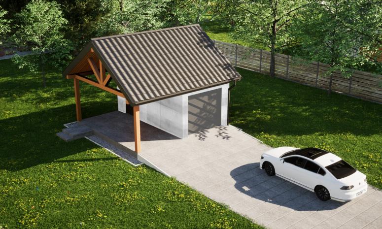 Garaż ERDOL G1W - Wersja lewa - Układ kalenicy równoległy z dachem dwuspadowym o kącie nachylenia 35 stopni - Bez bramy - Bez styropianu, siatki i kleju - Antracyt