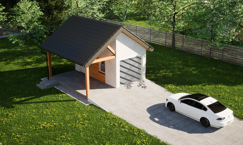 Garaż ERDOL G1W - Wersja lewa - Układ kalenicy prostopadły z dachem dwuspadowym o kącie nachylenia 35 stopni - Bez bramy - Styropian, siatka i klej - Biały