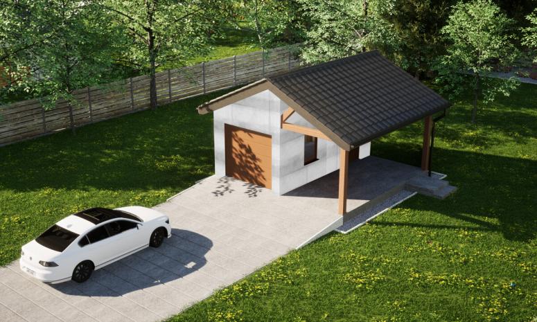 Garaż ERDOL G1W - Wersja prawa - Układ kalenicy prostopadły z dachem dwuspadowym o kącie nachylenia 25 stopni - Brama segmentowa z napędem IO, sterowana pilotem - UniPro WIŚNIOWSKI - Bez styropianu, siatki i kleju - Złoty dąb