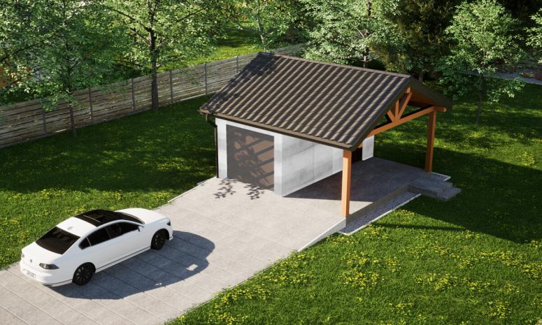 Garaż ERDOL G1W - Wersja prawa - Układ kalenicy równoległy z dachem dwuspadowym o kącie nachylenia 25 stopni - Bez bramy - Bez styropianu, siatki i kleju - Orzech