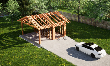 Widok konstrukcji: Garaż ERDOL G1W - Wersja lewa - Układ kalenicy równoległy z dachem dwuspadowym o kącie nachylenia 25 stopni